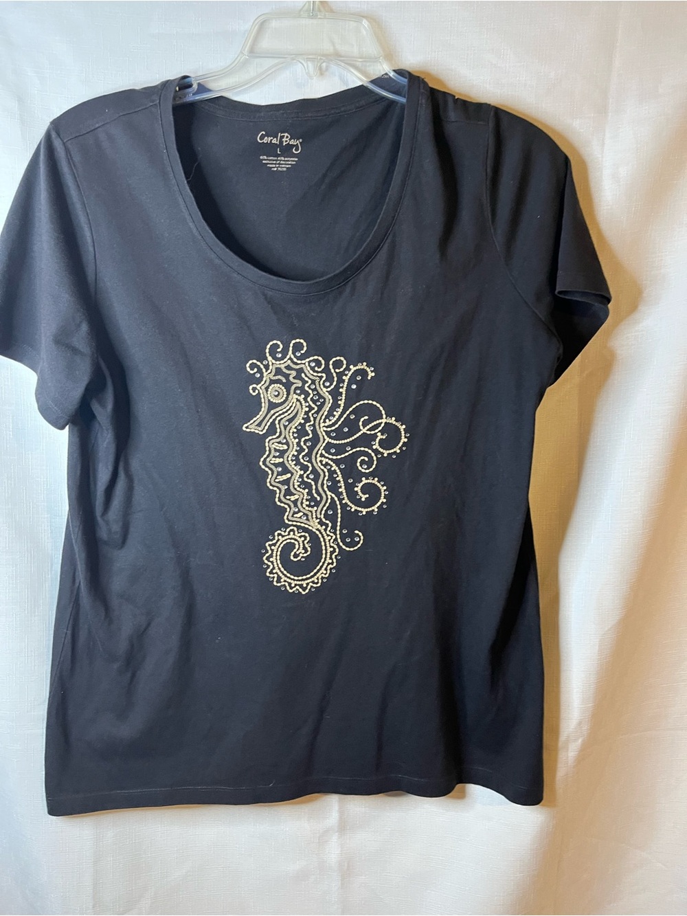 Coral Bay Black Short-Sleeve Tee with Gold Sequin Seahorse